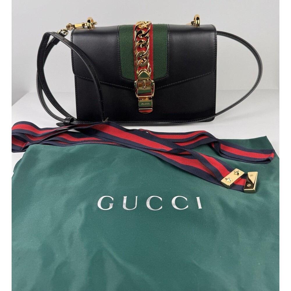 Gucci Sylvie Web Black Leather Shoulder Bag with dust bag & COA authenticated